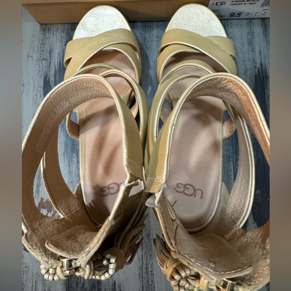 UGG Women’s Raquel Metallic Platform Wedge Sandals In Soft Gold Size 9.5 - Picture 13 of 16